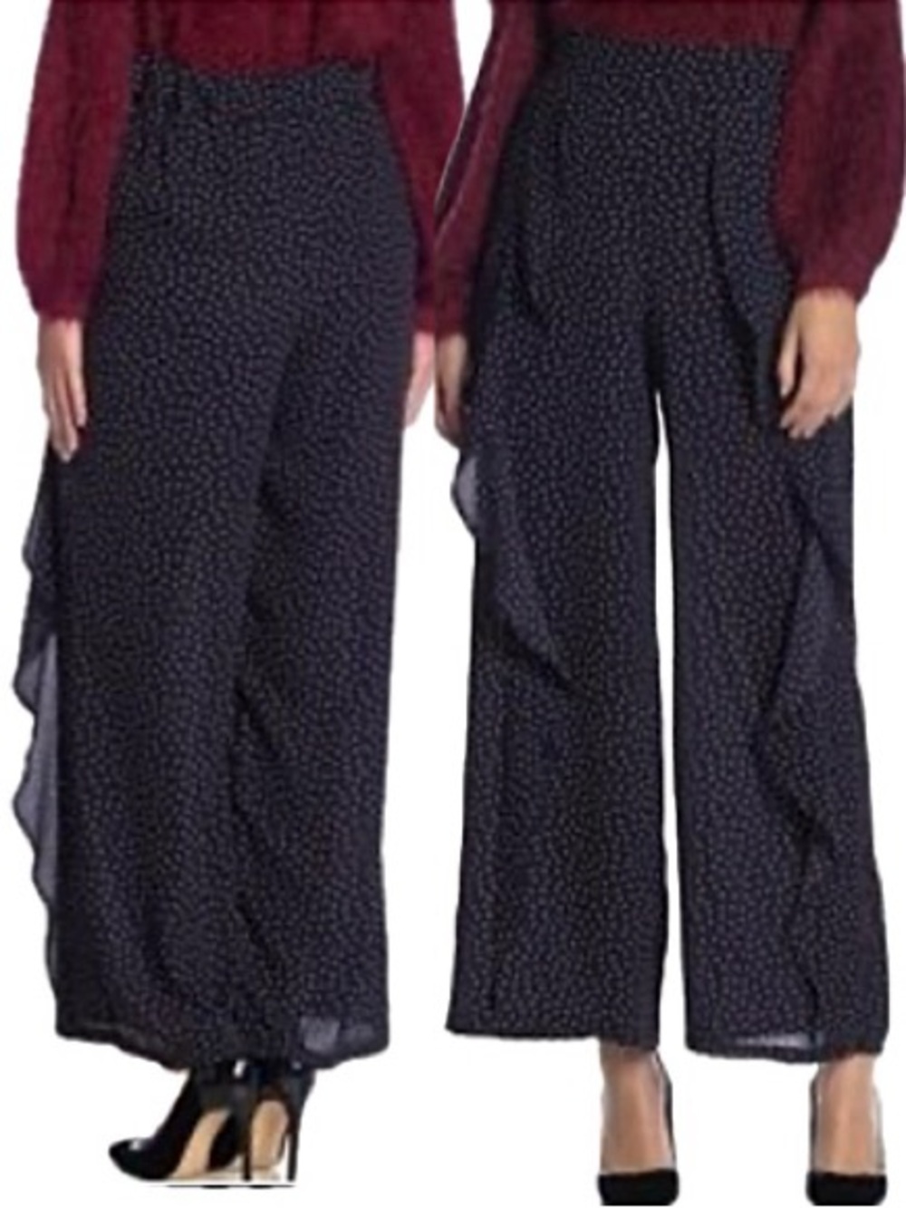 Blu Pepper Polka Dot Cascading Ruffle Wide Leg Pants Size M Navy Elastic Back